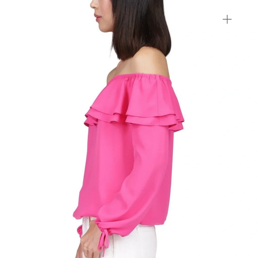 Michael Kors Women’s Pink Ruffled Off-The-Shoulder Top - Picture 2 of 4